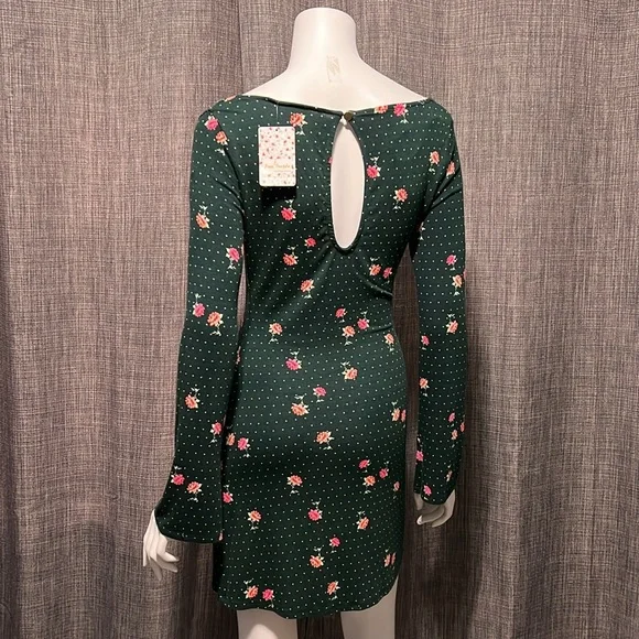 NWT Free People Celia Green Polka Dot & Floral Print Long Sleeve Mini Dress XS - Picture 9 of 11